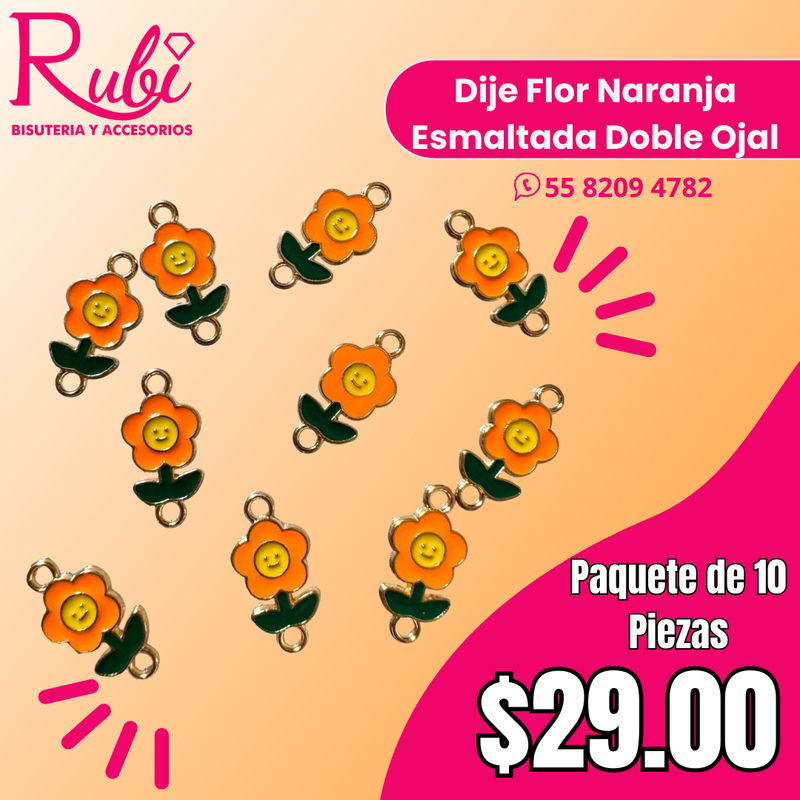 Dije Flor Naranja Doble Ojal Esmaltada de Metal